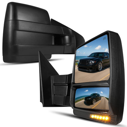 2004-2006 Ford F-150 Pickup Truck Power Adjustable Power Heated Manual Fold And Telescoping Amber Lens LED Turn Signals And Puddle Lights Tow Mirrors Pair