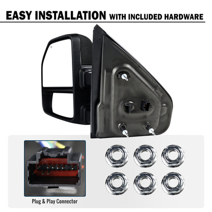 2007-2014 Ford F-150 Pickup Truck Power Adjustable Power Heated Manual Fold And Telescoping Smoke Lens LED Turn Signals And Puddle Lights Tow Mirrors Pair