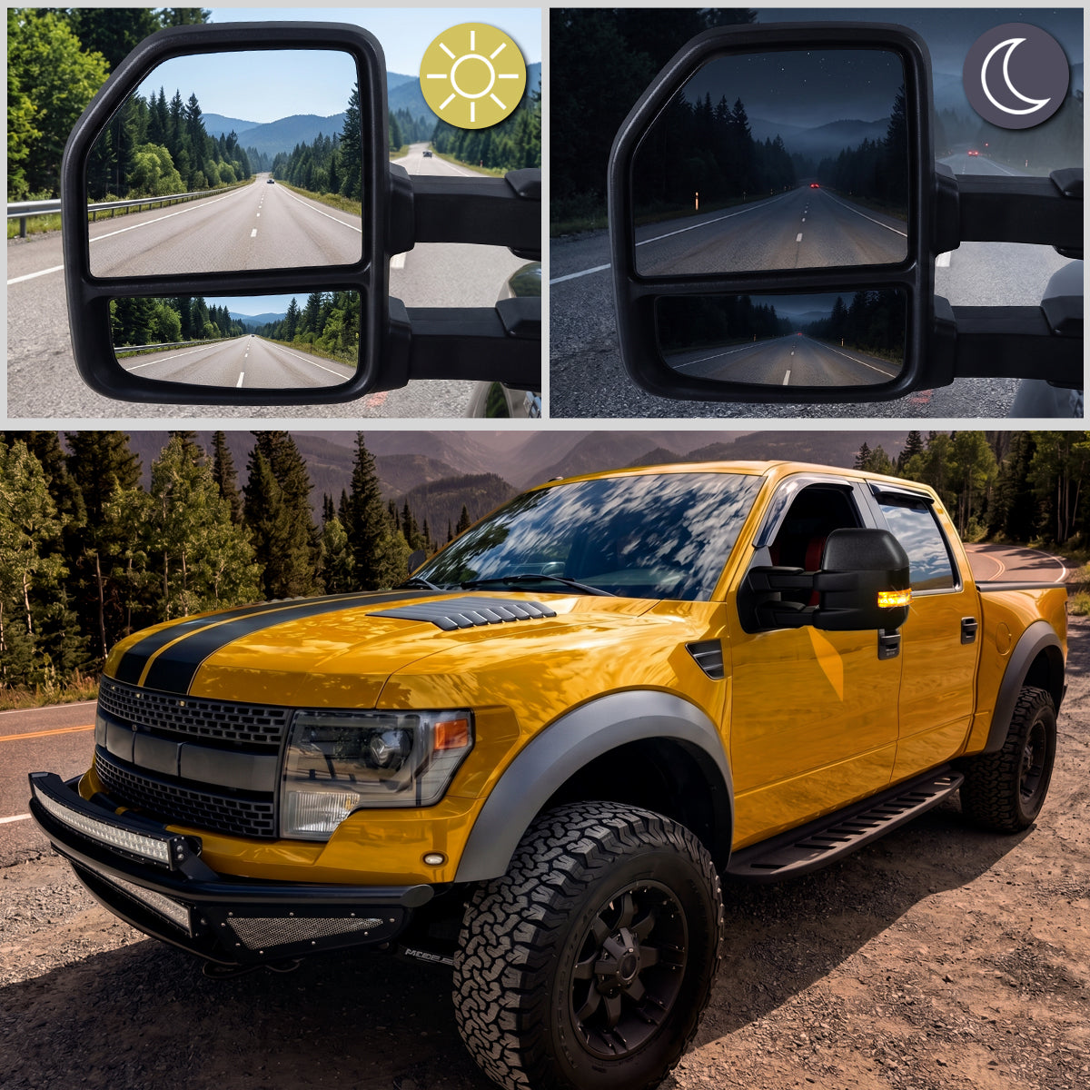 2007-2014 Ford F-150 Pickup Truck Power Adjustable Power Heated Manual Fold And Telescoping Smoke Lens LED Turn Signals And Puddle Lights Tow Mirrors Pair