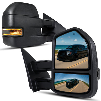 2007-2014 Ford F-150 Pickup Truck Power Adjustable Power Heated Manual Fold And Telescoping Smoke Lens LED Turn Signals And Puddle Lights Tow Mirrors Pair