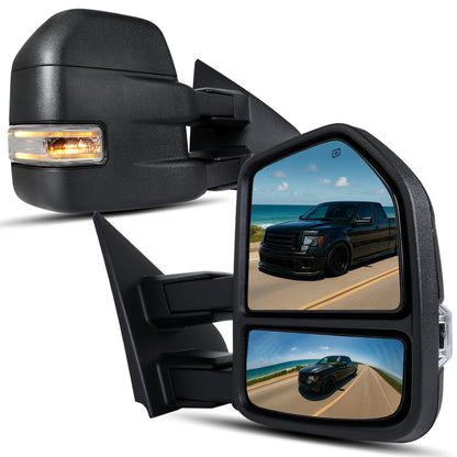 2007-2014 Ford F-150 Pickup Truck Power Adjustable Power Heated Manual Fold And Telescoping Clear Lens LED Turn Signals And Puddle Lights Tow Mirrors Pair