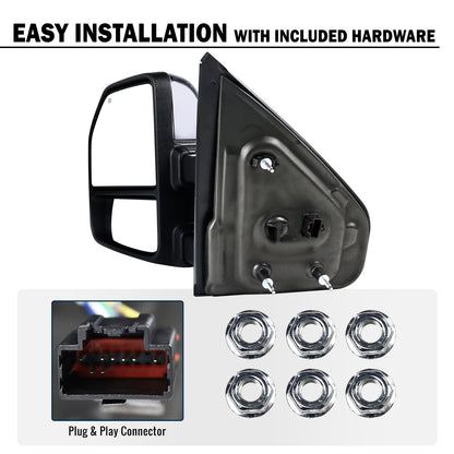 2007-2014 Ford F-150 Pickup Truck Power Adjustable Power Heated Manual Fold And Telescoping Smoke Lens LED Turn Signals And Puddle Lights Tow Mirrors Pair