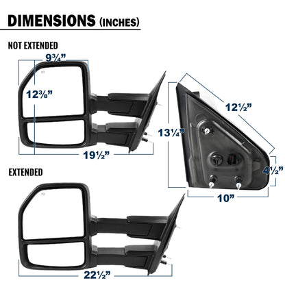 2007-2014 Ford F-150 Pickup Truck Power Adjustable Power Heated Manual Fold And Telescoping Smoke Lens LED Turn Signals And Puddle Lights Tow Mirrors Pair