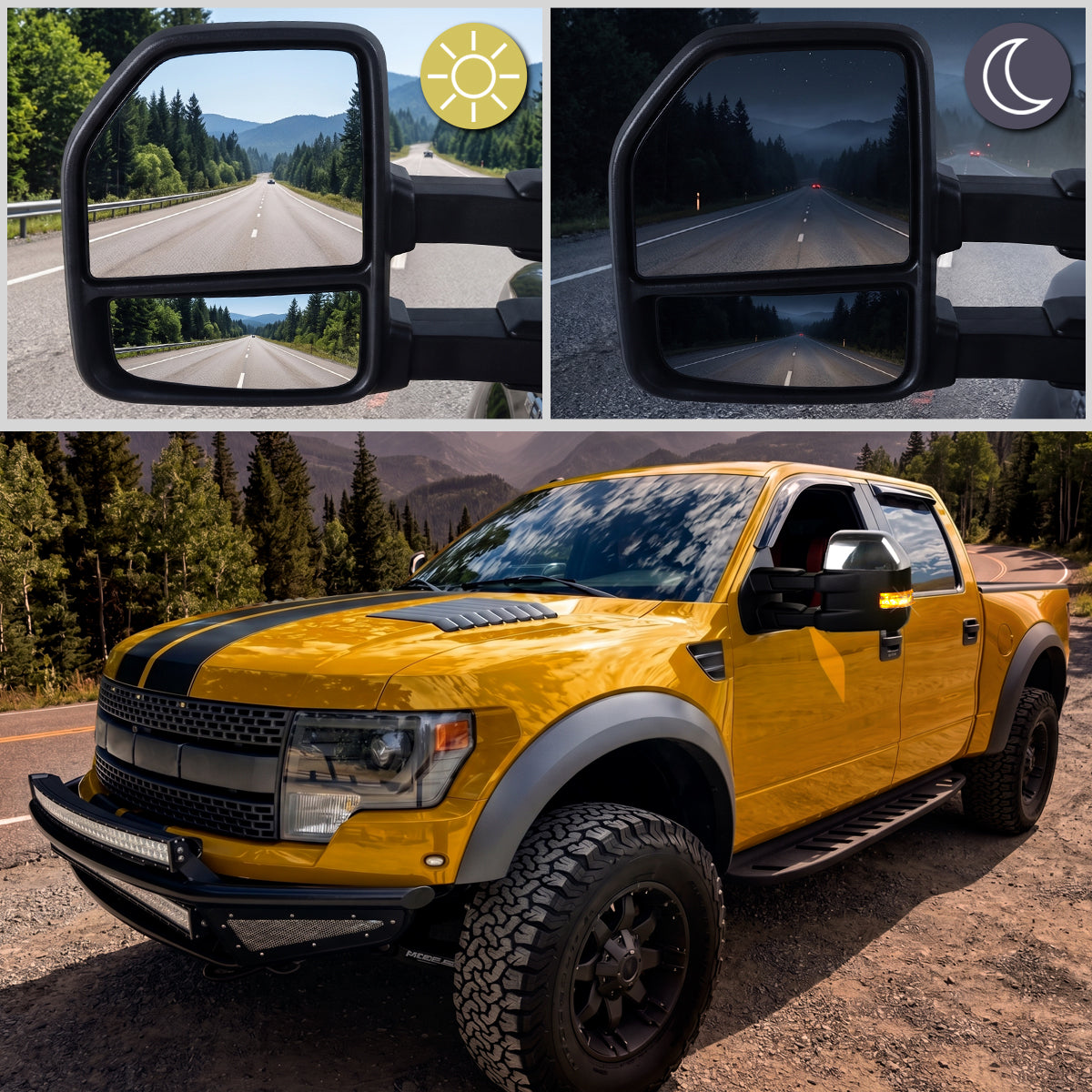 2007-2014 Ford F-150 Pickup Truck Power Adjustable Power Heated Manual Fold And Telescoping Smoke Lens LED Turn Signals And Puddle Lights Tow Mirrors Pair
