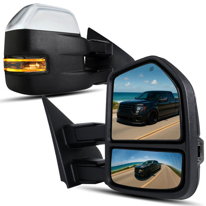 2007-2014 Ford F-150 Pickup Truck Power Adjustable Power Heated Manual Fold And Telescoping Smoke Lens LED Turn Signals And Puddle Lights Tow Mirrors Pair