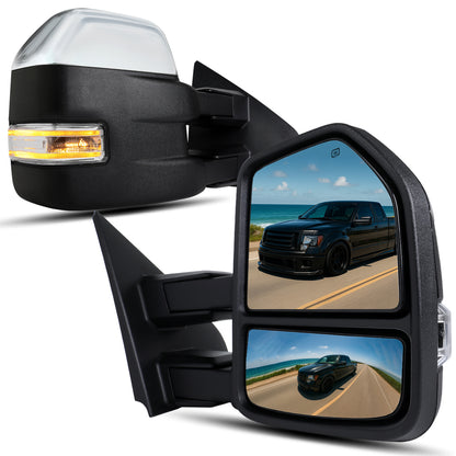 2007-2014 Ford F-150 Pickup Truck Power Adjustable Power Heated Manual Fold And Telescoping Clear Lens LED Turn Signals And Puddle Lights Tow Mirrors Pair