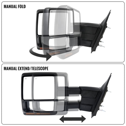 2007-2014 Ford F-150 Pickup Truck Power Adjustable Power Heated Manual Fold And Telescoping Amber Lens LED Turn Signals And Puddle Lights Tow Mirrors Pair