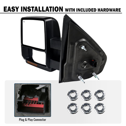 2007-2014 Ford F-150 Pickup Truck Power Adjustable Power Heated Manual Fold And Telescoping Amber Lens LED Turn Signals And Puddle Lights Tow Mirrors Pair