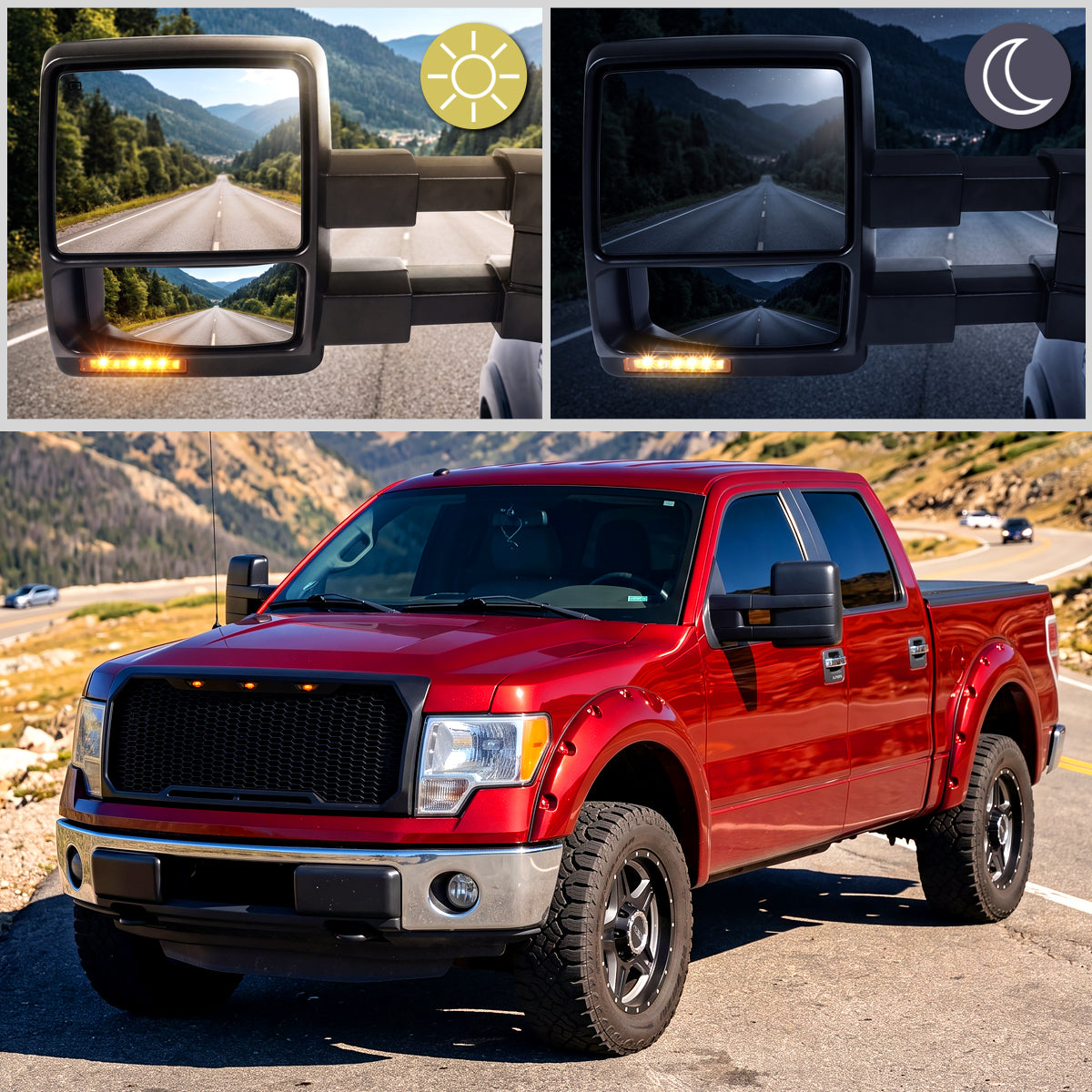 2007-2014 Ford F-150 Pickup Truck Power Adjustable Power Heated Manual Fold And Telescoping Amber Lens LED Turn Signals And Puddle Lights Tow Mirrors Pair