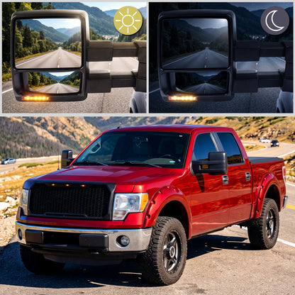 2007-2014 Ford F-150 Pickup Truck Power Adjustable Power Heated Manual Fold And Telescoping Amber Lens LED Turn Signals And Puddle Lights Tow Mirrors Pair