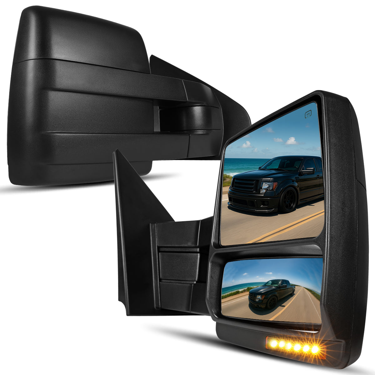 2007-2014 Ford F-150 Pickup Truck Power Adjustable Power Heated Manual Fold And Telescoping Amber Lens LED Turn Signals And Puddle Lights Tow Mirrors Pair