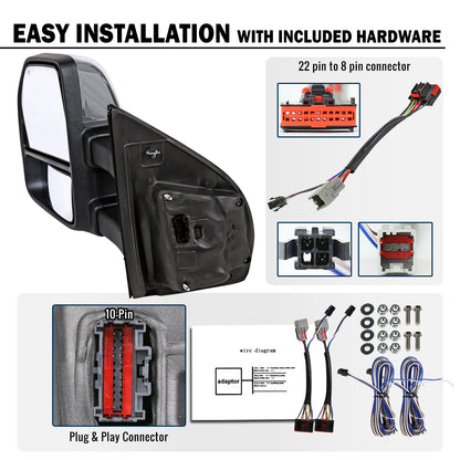 2015-2020 Ford F-150 Pickup Truck Power Adjustable Power Heated Manually Fold and Telescope Towing Mirrors Pair