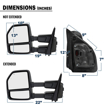 2015-2020 Ford F-150 Pickup Truck Power Adjustable Power Heated Manually Fold and Telescope Towing Mirrors Pair