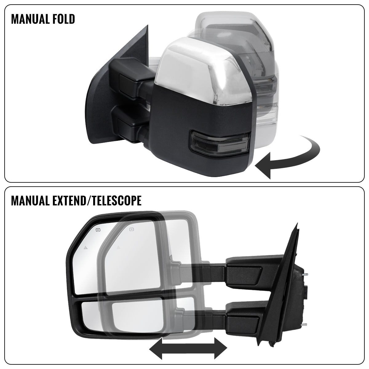 2015-2020 Ford F-150 Pickup Truck Power Adjustable Power Heated Manually Fold and Telescope Towing Mirrors Pair