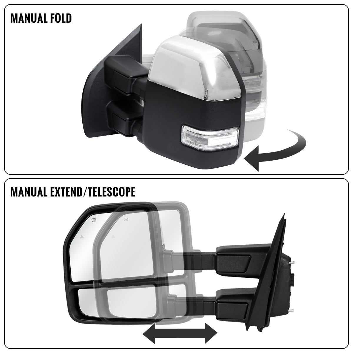 2015-2020 Ford F-150 Pickup Truck Power Adjustable Power Heated Manually Fold and Telescope Towing Mirrors Pair