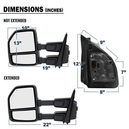 2015-2020 Ford F-150 Pickup Truck Power Adjustable Power Heated Manually Fold and Telescope Towing Mirrors Pair