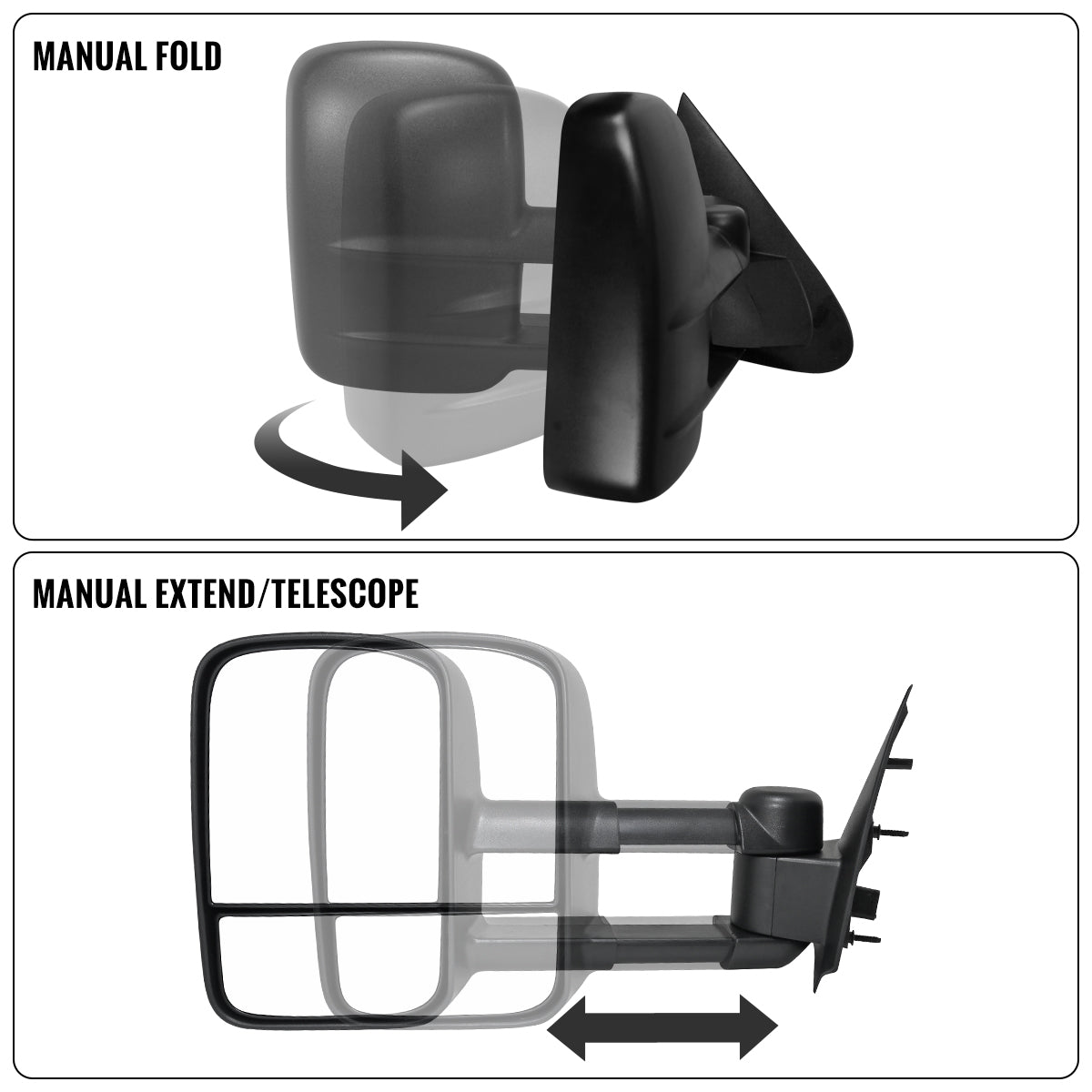 1997-2003 Ford F150 1997-1999 Ford F250 Manually Adjustable Manually Fold and Telescope Towing Mirrors Pair