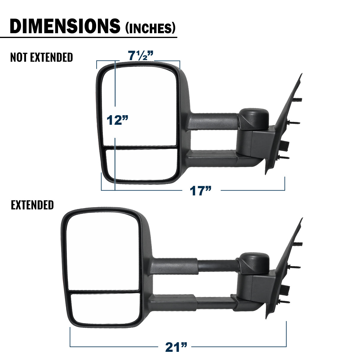 1997-2003 Ford F150 1997-1999 Ford F250 Manually Adjustable Manually Fold and Telescope Towing Mirrors Pair