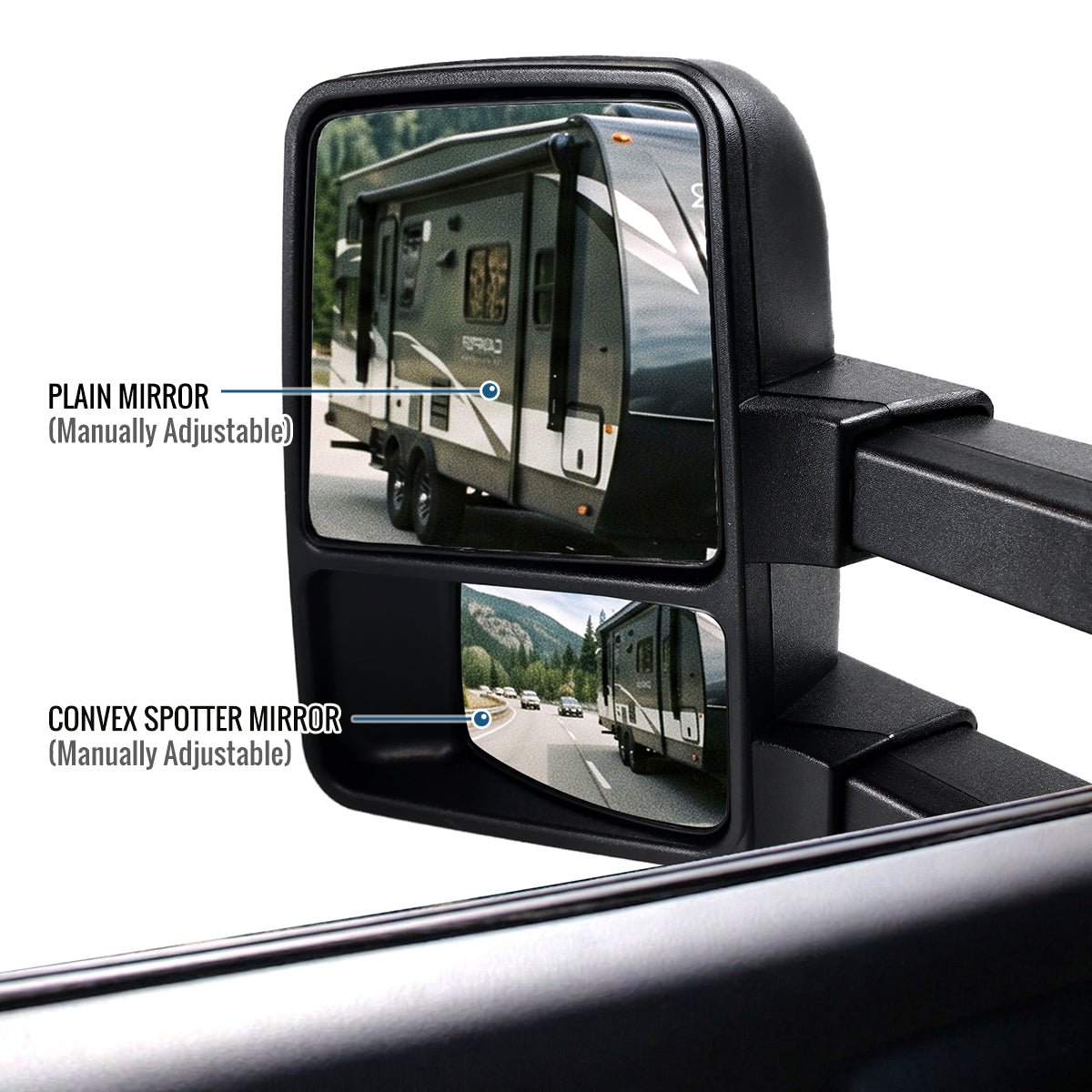 2003-2016 Ford F250 F350 F450 F550 Manually Adjustable Manually Fold and Telescope Towing Mirrors Pair