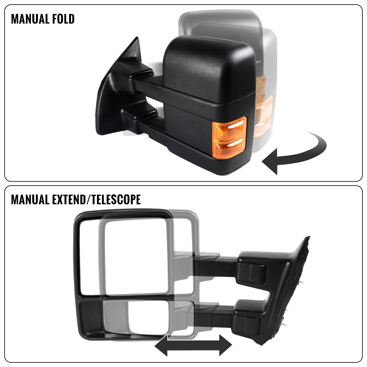2003-2016 Ford F250 F350 F450 F550 Manually Adjustable Manually Fold and Telescope Towing Mirrors Pair