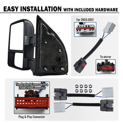 2003-2016 Ford F250 F350 F450 F550 Manually Adjustable Manually Fold and Telescope Towing Mirrors Pair