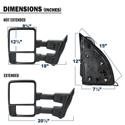 2003-2016 Ford F250 F350 F450 F550 Manually Adjustable Manually Fold and Telescope Towing Mirrors Pair