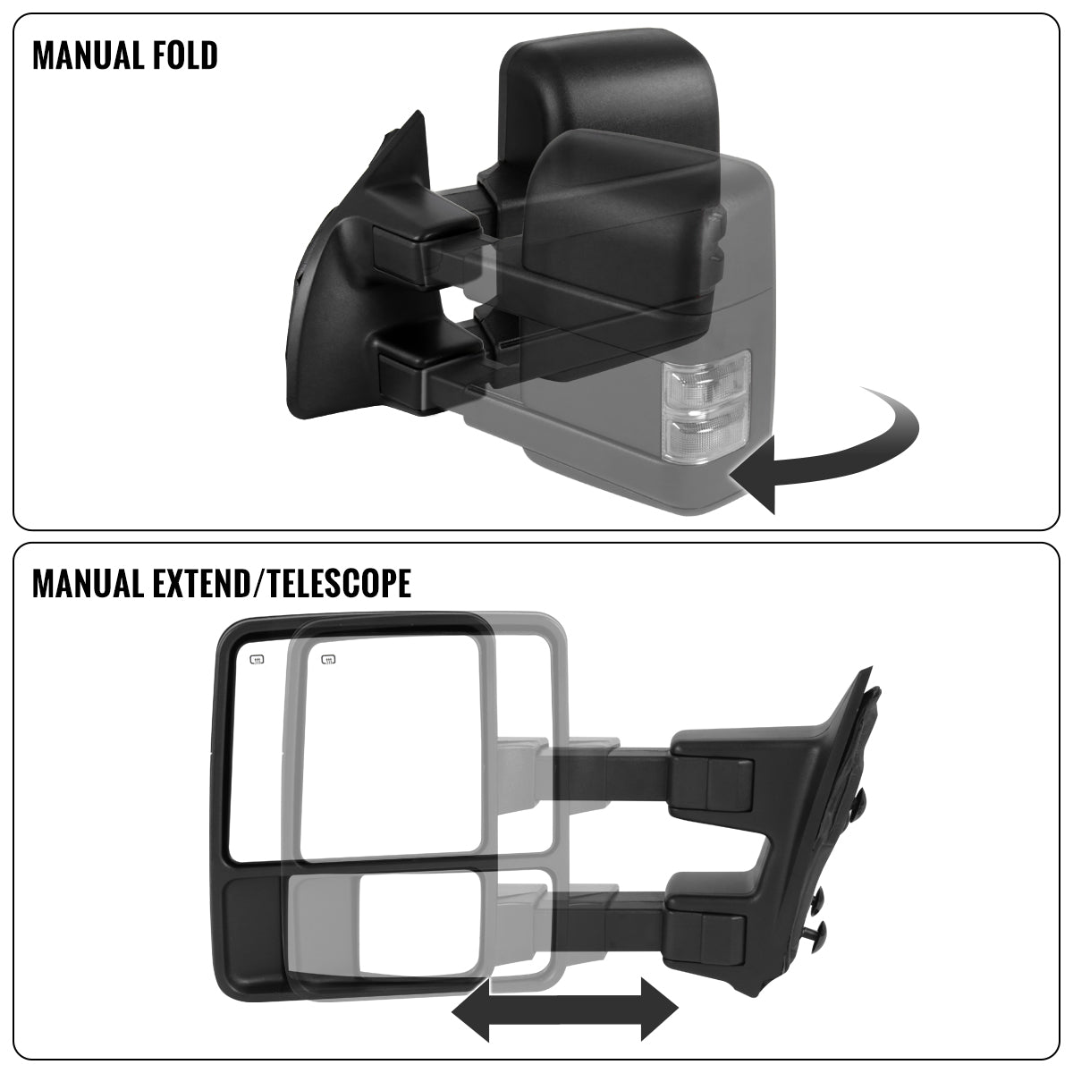 2008-2016 Ford F250 F350 F450 F550 Power Adjustable Power Heated Manually Fold and Telescope Towing Mirrors Pair