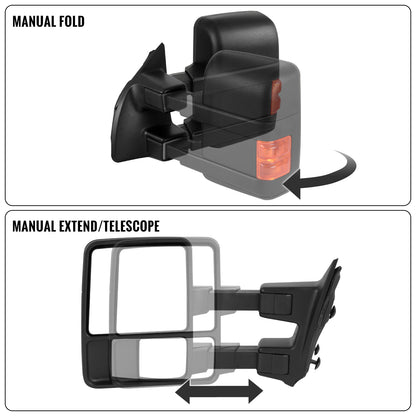 2008-2016 Ford F250 F350 F450 F550 Manually Adjustable Manually Fold and Telescope Towing Mirrors Pair