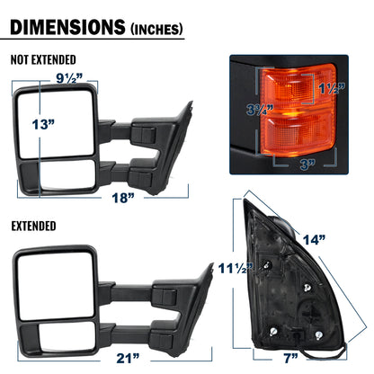 2008-2016 Ford F250 F350 F450 F550 Manually Adjustable Manually Fold and Telescope Towing Mirrors Pair