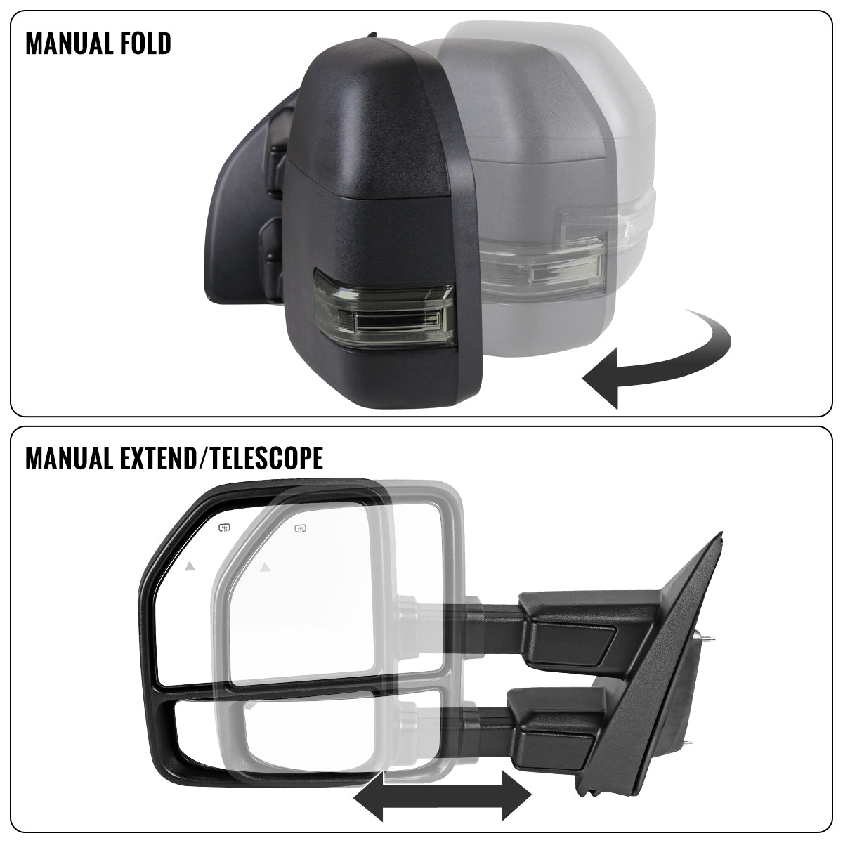 2017-2019 Ford F250 F350 F450 F550 Power Adjustable Power Heated Manually Fold and Telescope Towing Mirrors Pair