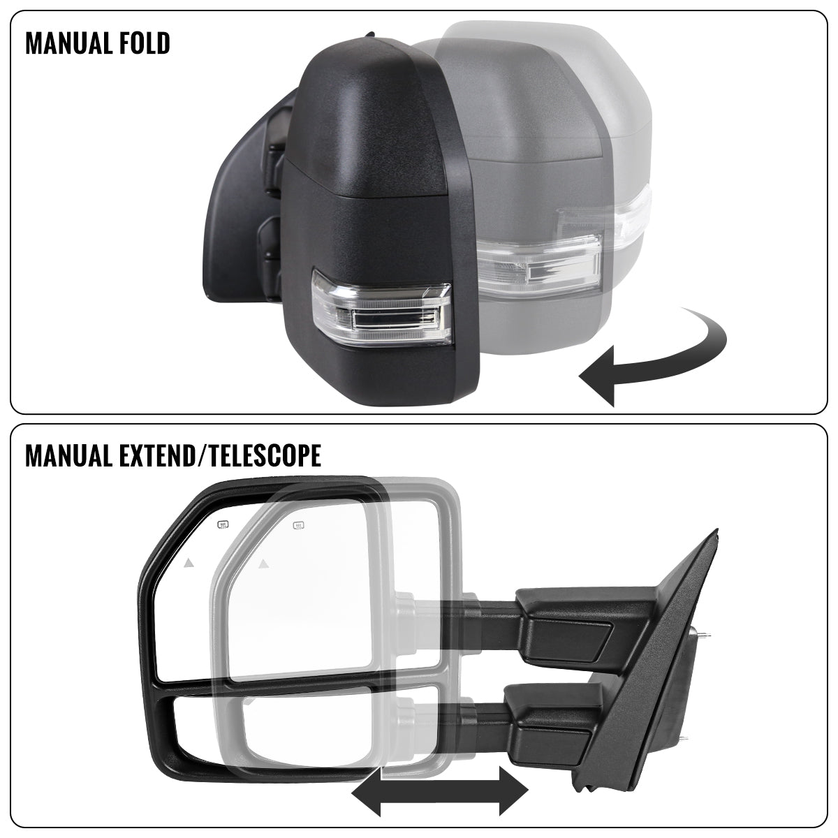 2017-2019 Ford F250 F350 F450 F550 Power Adjustable Power Heated Manually Fold and Telescope Towing Mirrors Pair