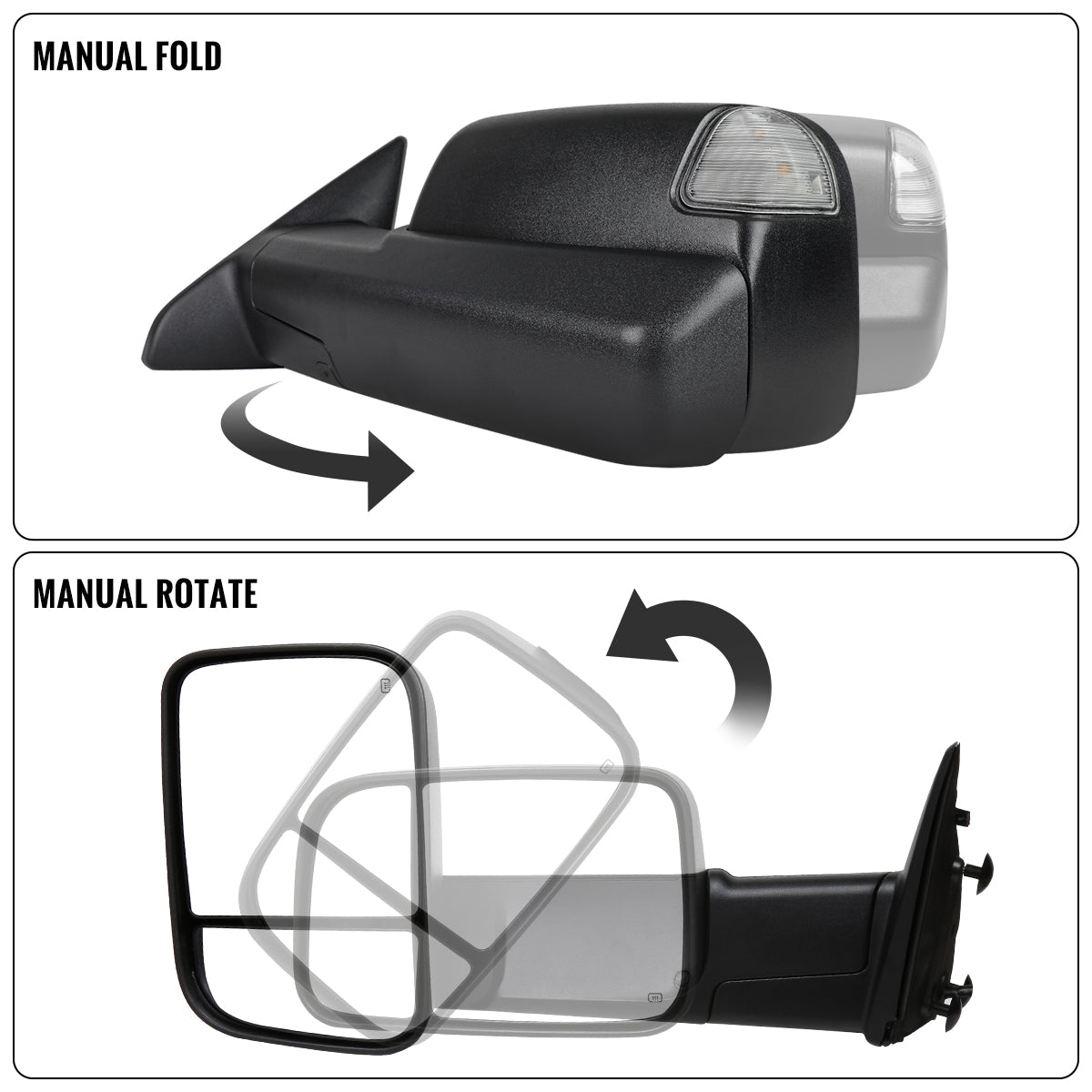 2009-2012 Dodge Ram 1500 2500 3500 Power Adjustable Power Heated Manual Rotation Towing Mirrors Pair