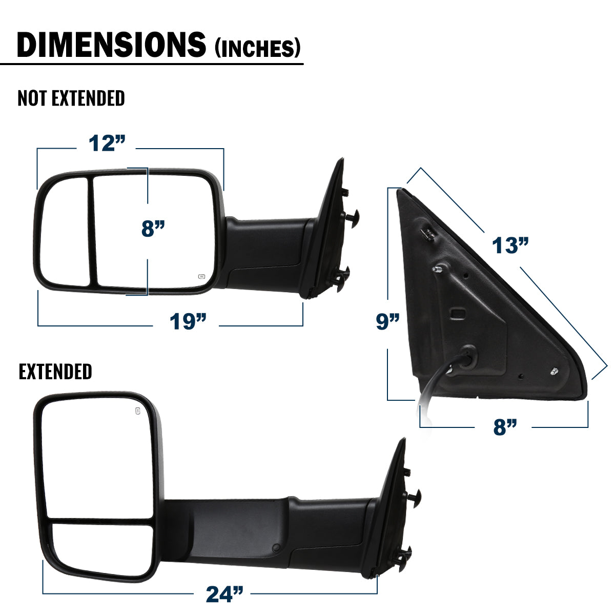 2009-2012 Dodge Ram 1500 2500 3500 Power Adjustable Power Heated Manual Rotation Towing Mirrors Pair