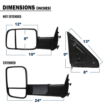 2009-2012 Dodge Ram 1500 2500 3500 Power Adjustable Power Heated Manual Rotation Towing Mirrors Pair