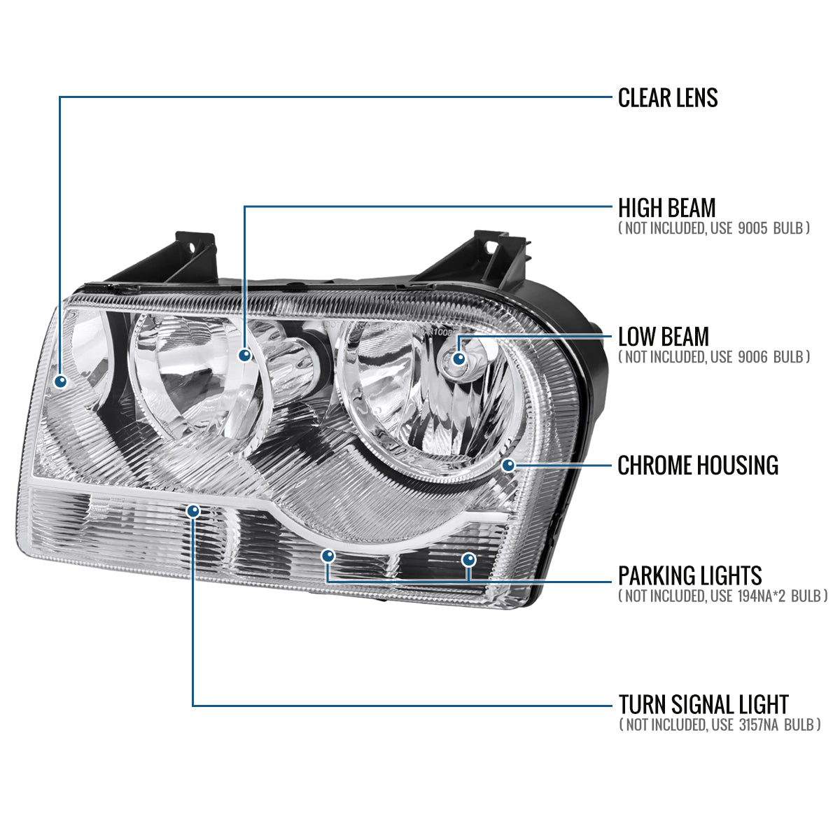 Ronnin - Fits 2005-2010 Chrysler 300 Factory Replacement Halogen Headlights Assembly Pair | Chrome