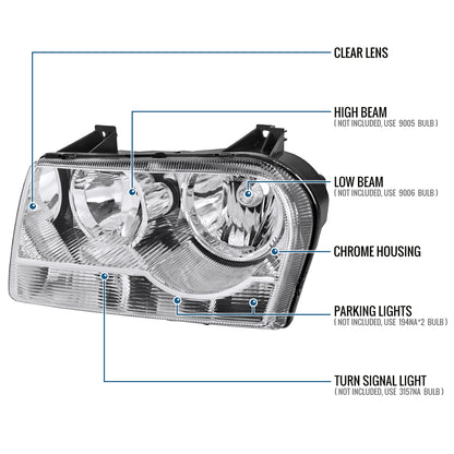 Ronnin - Fits 2005-2010 Chrysler 300 Factory Replacement Halogen Headlights Assembly Pair | Chrome