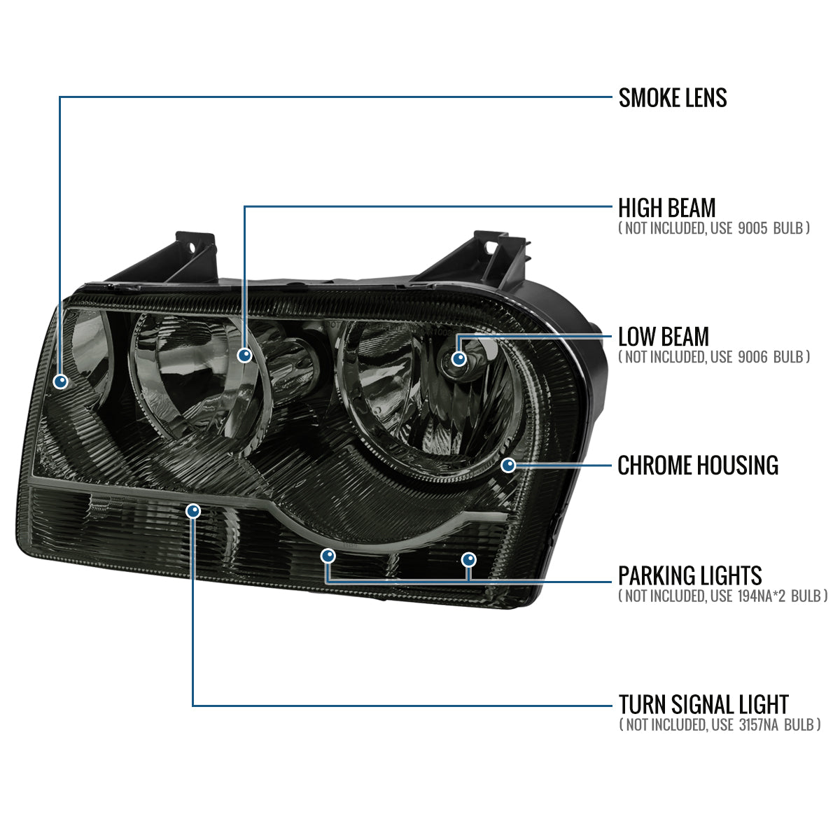 Ronnin - Fits 2005-2010 Chrysler 300 Factory Replacement Halogen Headlights Assembly Pair | Smoke