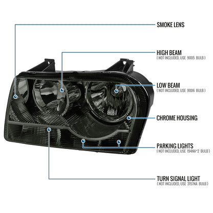 Ronnin - Fits 2005-2010 Chrysler 300 Factory Replacement Halogen Headlights Assembly Pair | Smoke