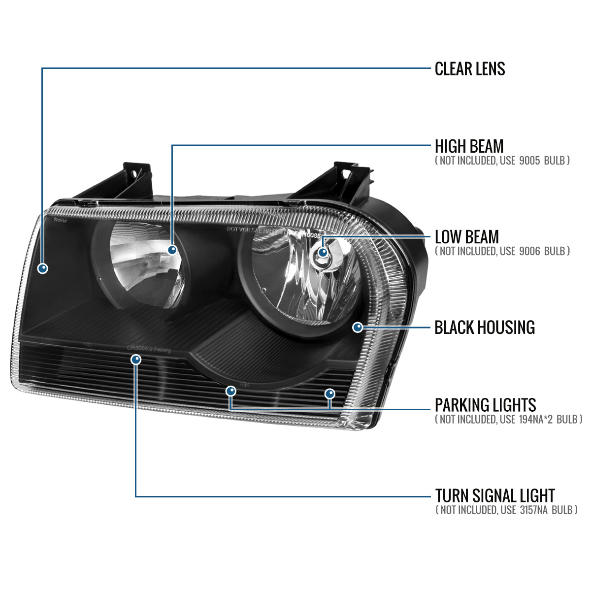 Ronnin - Fits 2005-2010 Chrysler 300 Factory Replacement Halogen Headlights Assembly Pair | Black