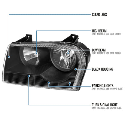 Ronnin - Fits 2005-2010 Chrysler 300 Factory Replacement Halogen Headlights Assembly Pair | Black
