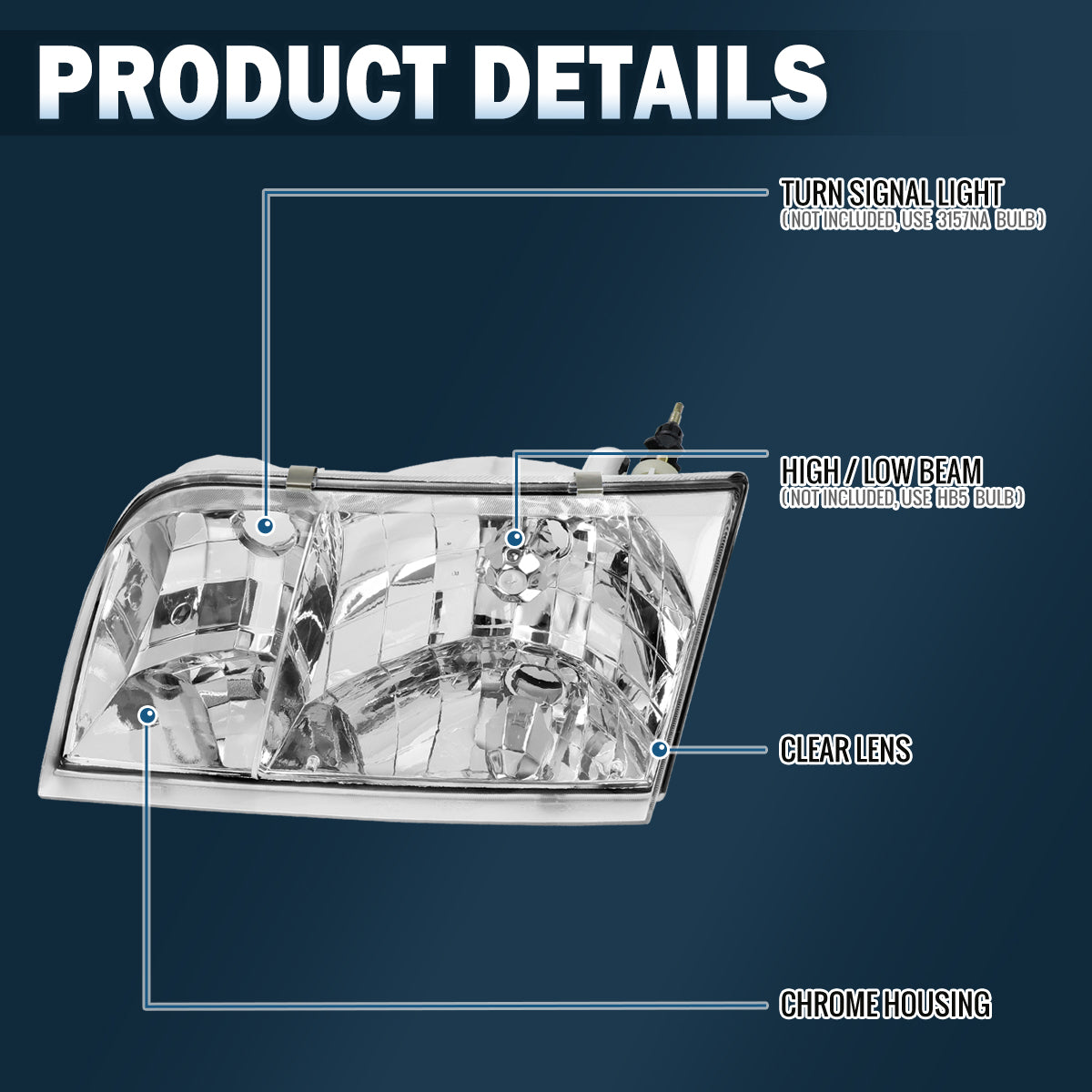 Ronnin - Compatible con Ford Crown Victoria 1998-2011 | Par de Conjuntos de Faros Delanteros Halógenos de Reemplazo | Cromado