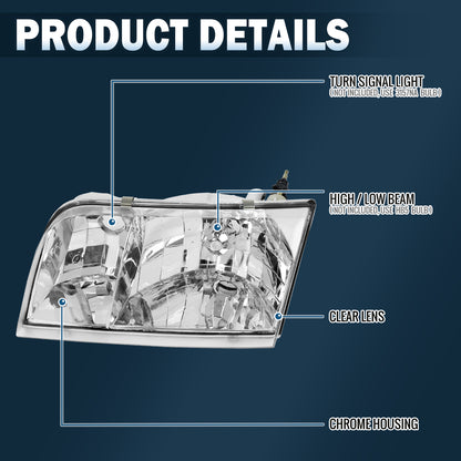 Ronnin - Compatible con Ford Crown Victoria 1998-2011 | Par de Conjuntos de Faros Delanteros Halógenos de Reemplazo | Cromado