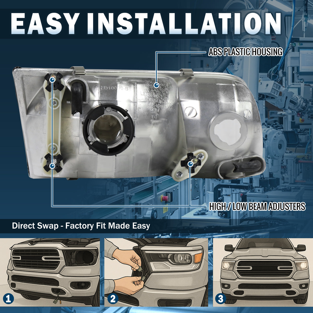 Ronnin - Compatible con Ford Crown Victoria 1998-2011 | Par de Conjuntos de Faros Delanteros Halógenos de Reemplazo | Cromado