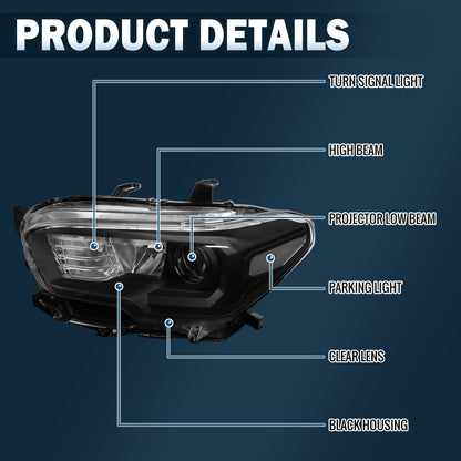 Ronnin - Conjunto de faros delanteros halógenos con proyector de reflector transparente para Toyota Tacoma 2016-2023, par de repuesto | Negro