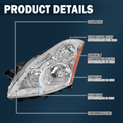 Ronnin - Compatible con Nissan Altima Sedán 2010-2012 | Par de faros halógenos de repuesto | Cromado