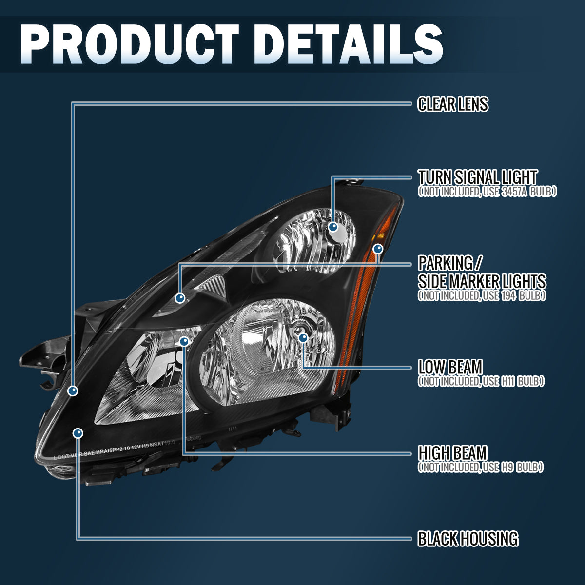 Ronnin - Compatible con Nissan Altima Sedán 2010-2012 | Par de ensamblajes de faros delanteros halógenos de repuesto | Negros