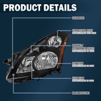 Ronnin - Compatible con Nissan Altima Sedán 2010-2012 | Par de ensamblajes de faros delanteros halógenos de repuesto | Negros
