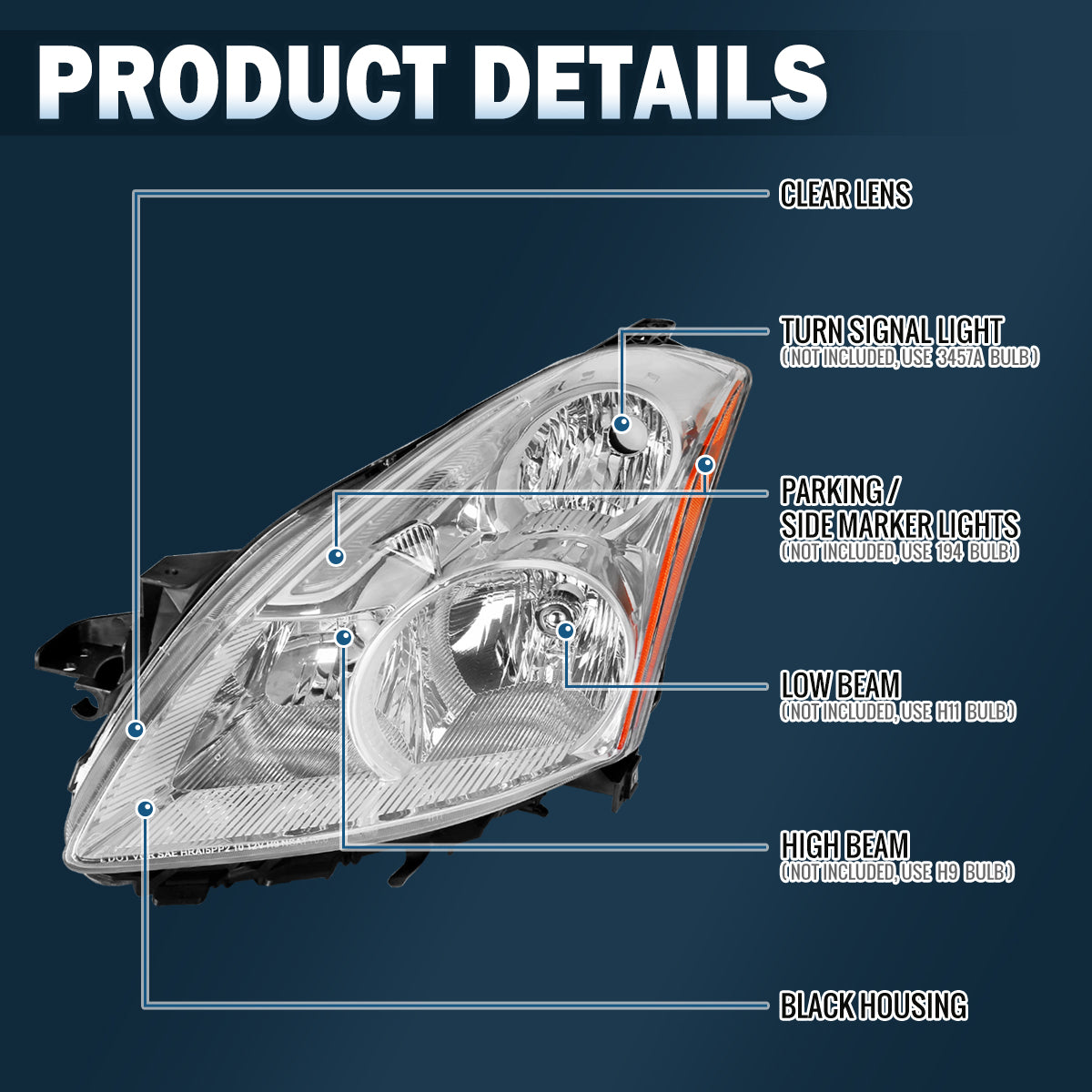 Ronnin - Compatible con Nissan Altima Sedan 2010-2012 | Par de faros delanteros halógenos de repuesto | Cromado | Lado del conductor