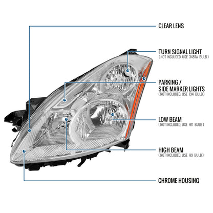 Ronnin - Fits 2010-2012 Nissan Altima Sedan Factory Replacement Halogen Headlights Assembly Pair | Chrome | Driver Side