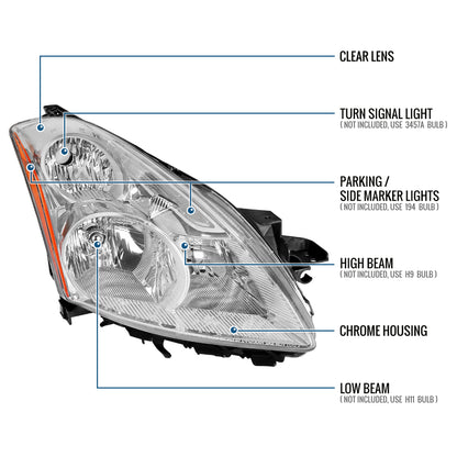 Ronnin - Fits 2010-2012 Nissan Altima Sedan Factory Replacement Halogen Headlights Assembly Pair | Chrome | Passenger Side